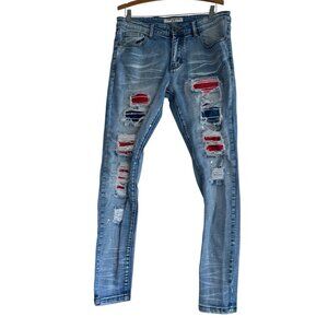 Reelistik NYC Men’s Jeans Sz 34 Distressed Skinny Blue Red Patches Texture Paint
